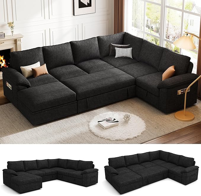 108 Inch Modular Sectional Sofa with Pull Out Bed,U Shaped 7 Seat Sectional Sleeper Sofa with Storage,Sectional Couches for Living Room,Cloud Modular Couch,Removable Sofa Cover,Black-HomvellaHome