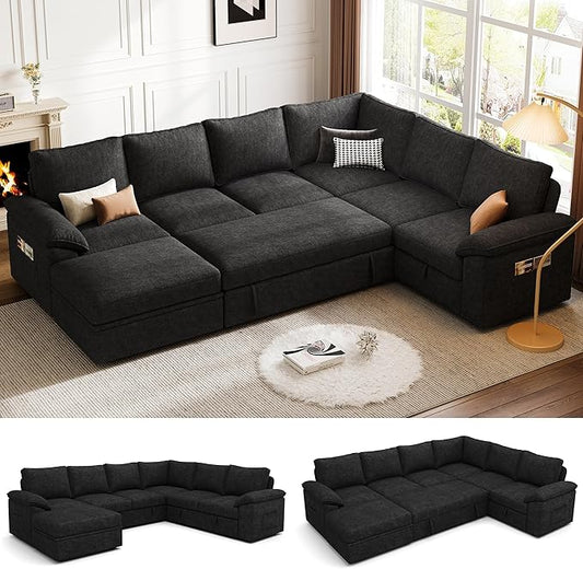 108 Inch Modular Sectional Sofa with Pull Out Bed,U Shaped 7 Seat Sectional Sleeper Sofa with Storage,Sectional Couches for Living Room,Cloud Modular Couch,Removable Sofa Cover,Black-HomvellaHome