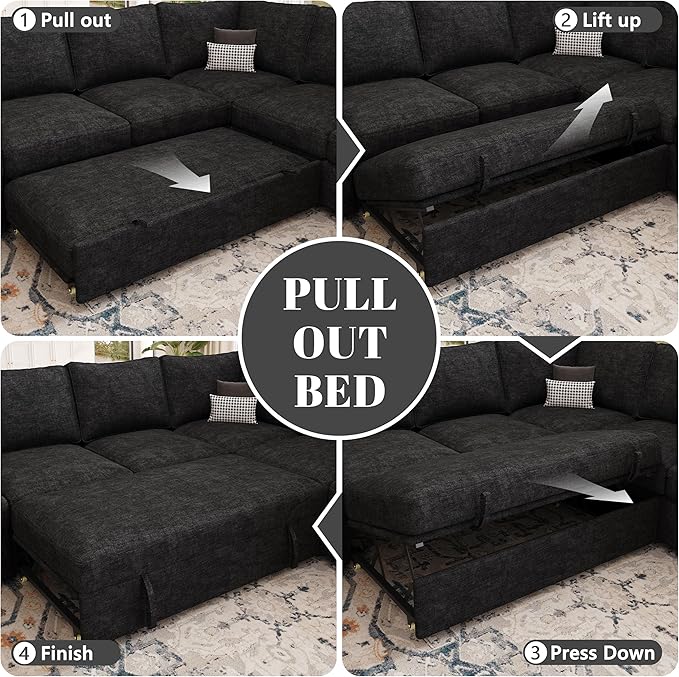 108 Inch Modular Sectional Sofa with Pull Out Bed,U Shaped 7 Seat Sectional Sleeper Sofa with Storage,Sectional Couches for Living Room,Cloud Modular Couch,Removable Sofa Cover,Black-HomvellaHome