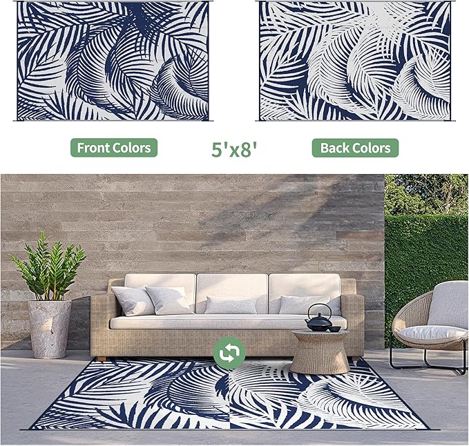 GENIMO Outdoor Rug 5' x 8' Waterproof for Patio Clearance, Reversible Plastic Straw Camping Carpet, Lightweight Mats for Rv, Backyard, Deck, Porch, Picnic, Beach, Balcony, Blue & White-HomvellaHome