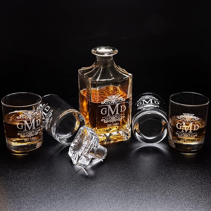 Gifts Inscribed Personalized Whiskey Decanter Set - Engraved Whiskey Decanter Bottle & Set of 4 Custom Drinking Glasses Laser Etched - Customized Whisky Gift for Wedding, Birthday, Fathers Day-HomvellaHome