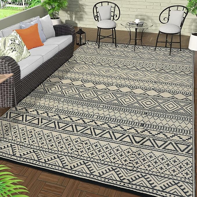 GAOMON Outdoor Rug Waterproof 8'x10', Reversible Outdoor Plastic Straw Rug, Boho Patio Rug, Indoor Outdoor Carpet, RV Mat Outside for Patio, Camp, Picnic, Balcony, Deck, Black/Coffee(Bohemia)-HomvellaHome