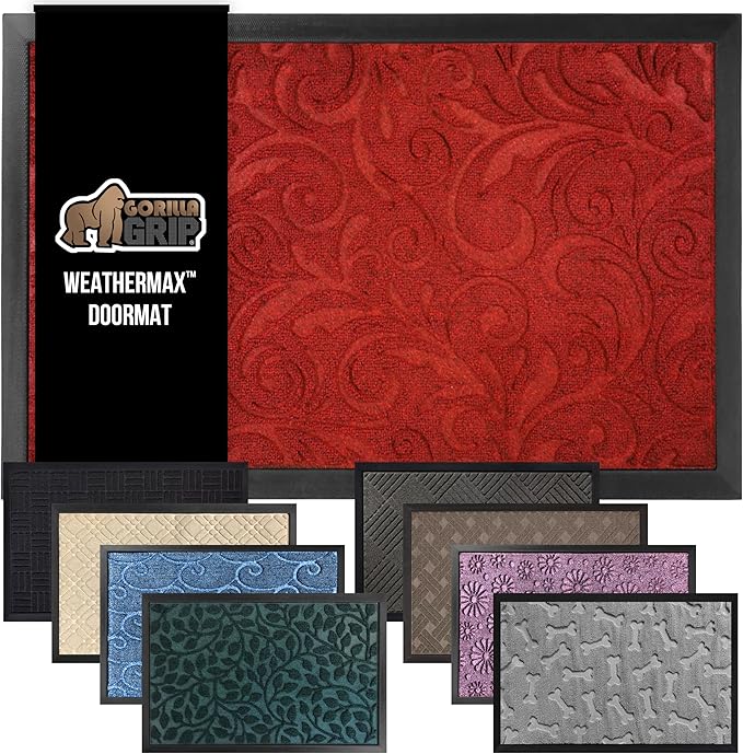 GORILLA GRIP 100% Waterproof All-Season WeatherMax Doormat US Designed Natural Rubber, Stain and Fade Resistant, Low Profile Indoor Outdoor Door Mats, Easy Clean Patio Mat, 17x29, Red Vintage Wine-HomvellaHome