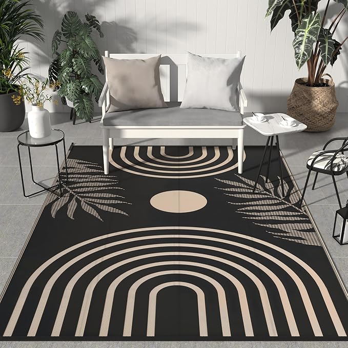 GENIMO Outdoor Rug 8' x 10' Waterproof for Patio Clearance, Reversible Lightweight Plastic Straw Camping Carpet, Large Area Rugs Mats for Rv, Backyard, Deck, Porch, Picnic, Balcony, Mix-Black & Beige-HomvellaHome