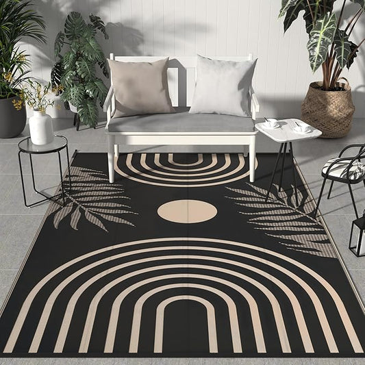 GENIMO Outdoor Rug 8' x 10' Waterproof for Patio Clearance, Reversible Lightweight Plastic Straw Camping Carpet, Large Area Rugs Mats for Rv, Backyard, Deck, Porch, Picnic, Balcony, Mix-Black & Beige-HomvellaHome