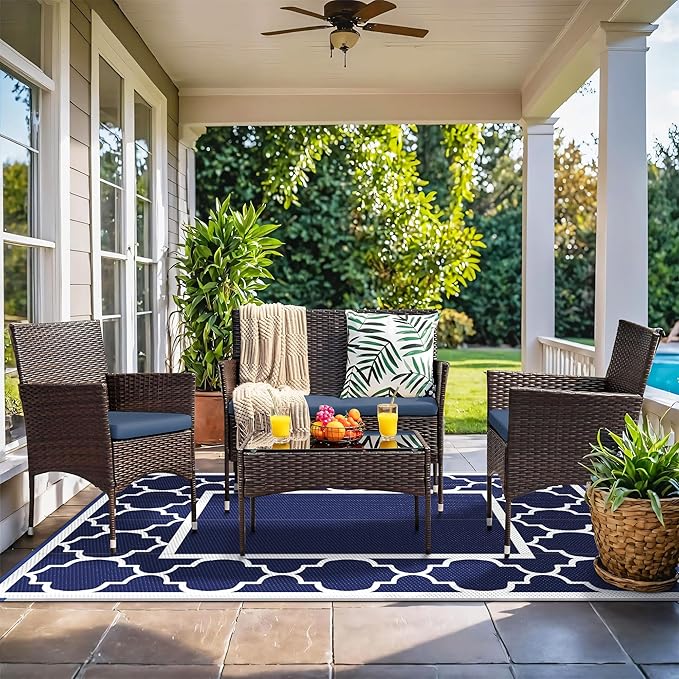 GENIMO 5' x 8' Outdoor Rug Waterproof for Patio Fall Decor, Foldable Reversible Plastic Straw Area Rugs Mat for Camper, Outside Carpet for Rv, Deck, Porch, Picnic, Beach, Balcony, Blue & White-HomvellaHome