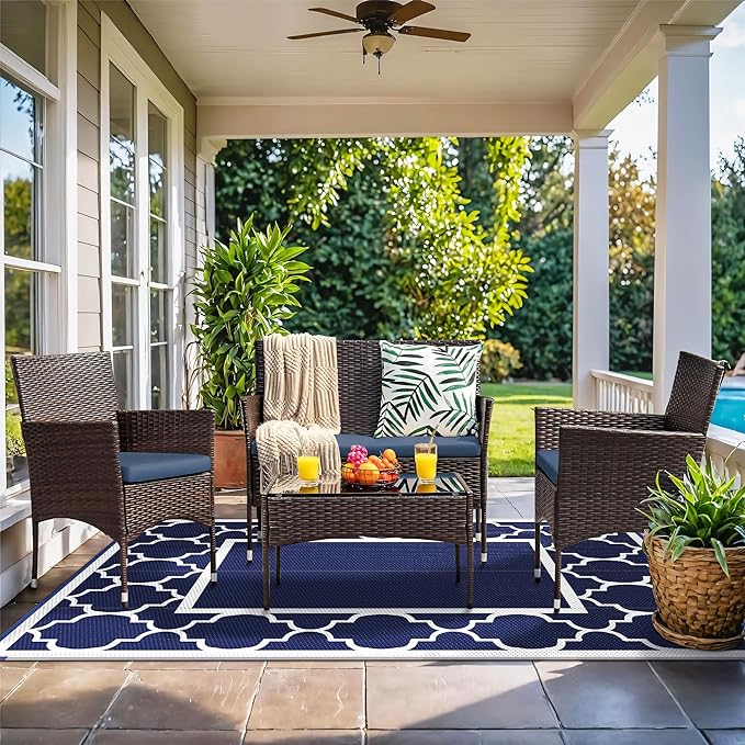 GENIMO 3' x 5' Outdoor Rug Waterproof for Patio Decor, Foldable Reversible Plastic Straw Area Rugs Mat for Camper, Outside Carpet for Rv, Deck, Porch, Picnic, Beach, Balcony, Blue & White-HomvellaHome