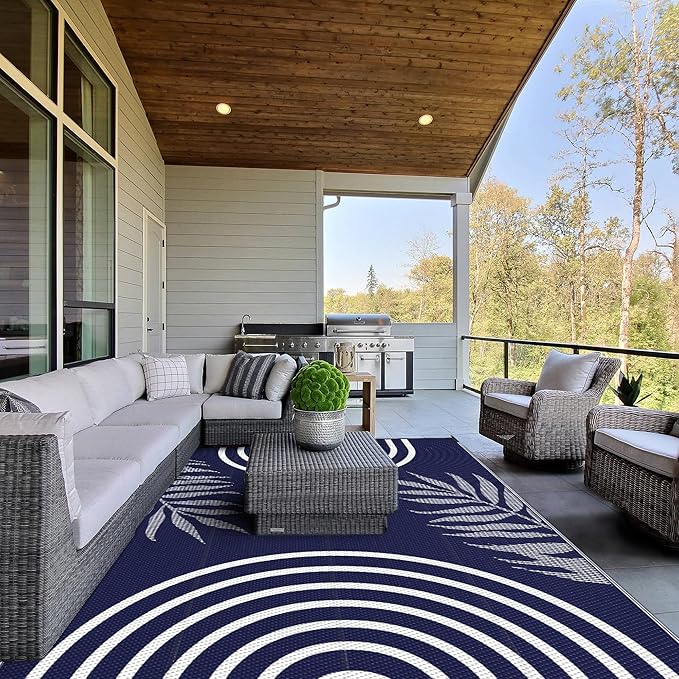 GENIMO Outdoor Rug 6' x 9' Waterproof for Patio Clearance, Reversible Lightweight Plastic Straw Camping Carpet, Large Area Rugs Mats for Rv, Backyard, Deck, Porch, Picnic, Balcony, Mix-Blue & White-HomvellaHome