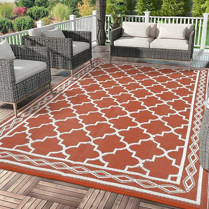 GAOMON Reversible Outdoor Rug 9'x18' Waterproof Plastic Straw Rug, Patio Rug, Large Modern Area Rug Carpet, Indoor Outdoor Rugs for Camping, Porch, Deck, Balcony, Backyard, Orange/White(Geometric)-HomvellaHome