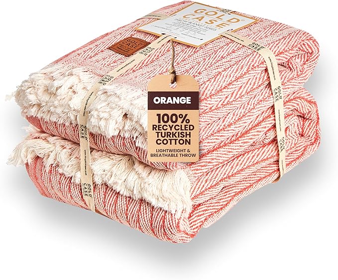 Gold Case Throw Blanket for Couch – 100% Recycled Turkish Cotton Blankets – Elegant Decorative Throw Blankets for Living Room Sofa – Woven Throws for Couch – Vintage Orange – 50x60 (Set of 2)-HomvellaHome