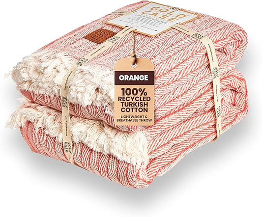 Gold Case Throw Blanket for Couch – 100% Recycled Turkish Cotton Blankets – Elegant Decorative Throw Blankets for Living Room Sofa – Woven Throws for Couch – Vintage Orange – 50x60 (Set of 2)-HomvellaHome
