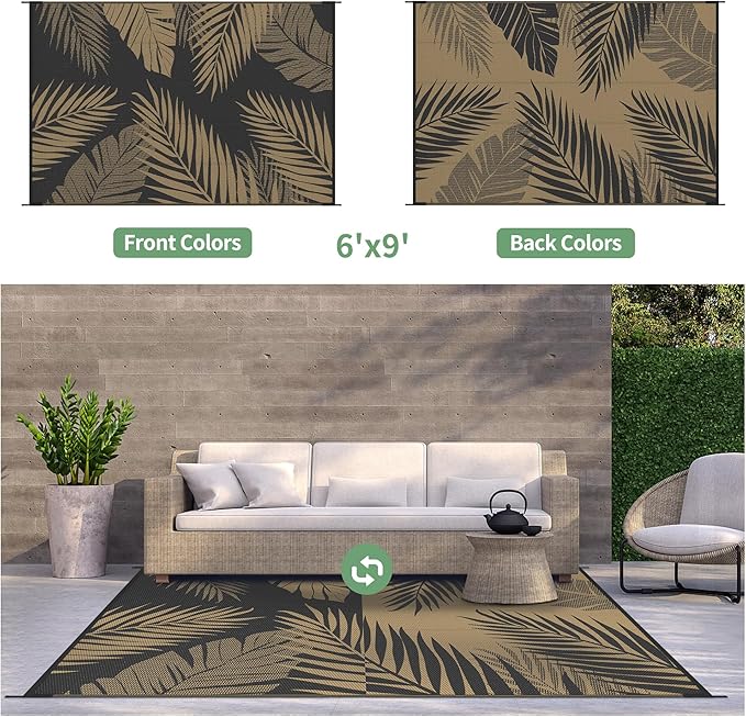 GENIMO Outdoor Rug 6' x 9' Waterproof for Patios Clearance, Reversible Outdoor Plastic Straw Camping Rug Carpet, Large Area Rugs Mats for RV, Camper, Deck, Balcony, Porch, Beach, Picnic, Black&Brown-HomvellaHome