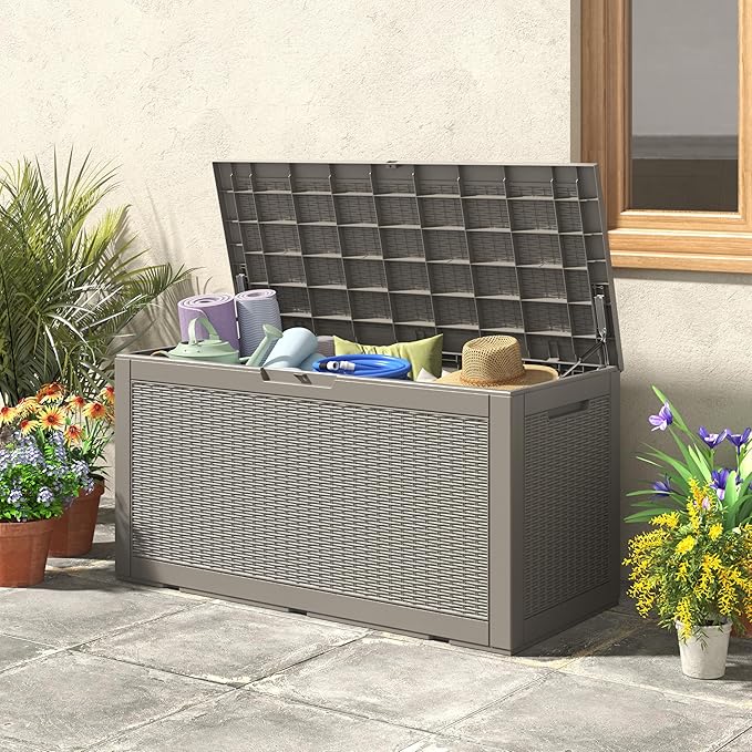 100 Gallon Deck Box Lockable Resin Outdoor Storage Box waterproof Outdoor Container for Patio Furniture Cushions, Pillow-HomvellaHome