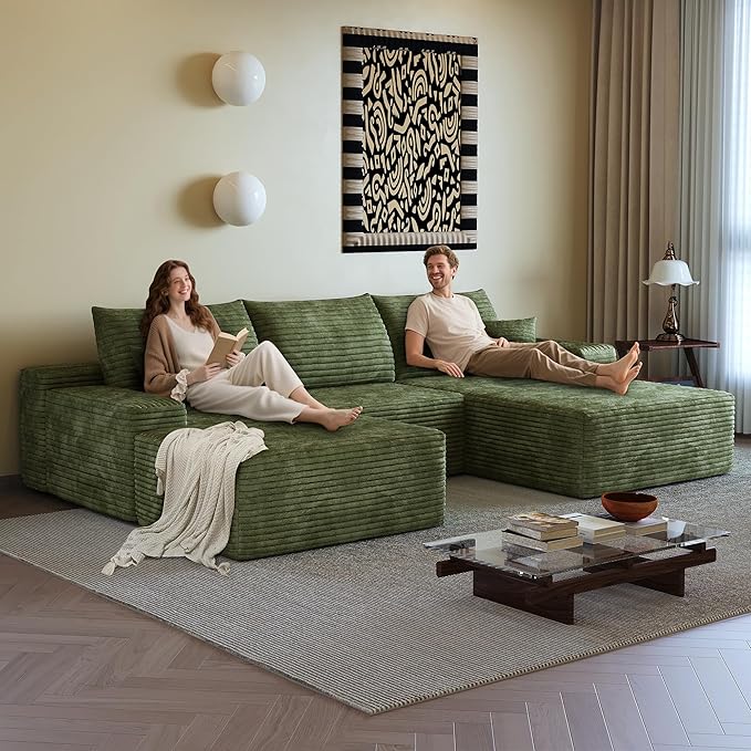 108" Sectional Couches for Living Room Modern Modular Sofa with L-Shape Couchs Upholstered Boneless Couch Deep Seat Sectional Couch with Chaise (Green, Right Facing Chaise+2Seaters+1Ottoman)-HomvellaHome