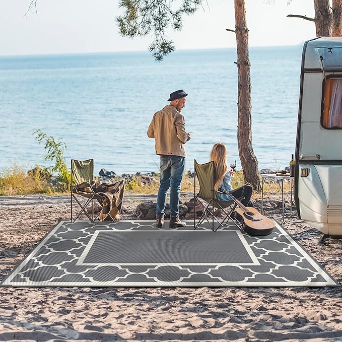 GENIMO 5 ' x 8 ' Outdoor Rug for Patio, Waterproof Indoor Outdoor Plastic Straw Rugs Carpet, Reversible Outside Area Mat for Camping, Balcony Porch, Deck, Picnic, Beach Grey & Beige White-HomvellaHome