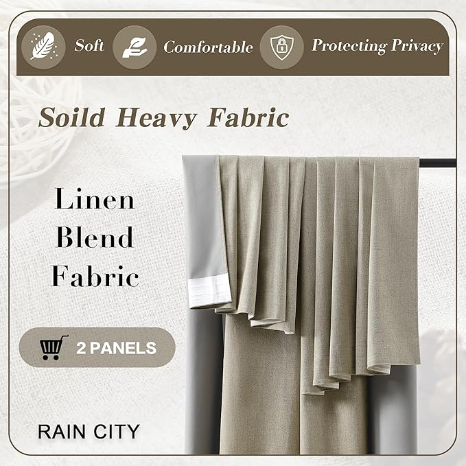102 Inch Long Blackout Linen Blend Curtains 2 Panels,70 Wide Back Tab Pinch Pleated Look Window Drapes with Hooks,Track System Curtain Panels for Sliding Door Modern Farmhouse 70x102 Light Taupe-HomvellaHome