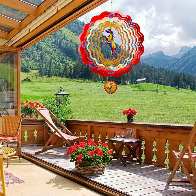 12 inch Horse 3D Stainless Steel Wind Spinners, Hanging Garden Spinner Kinetic Art Garden Decorations, Reflective Wind Sculpture for Indoor/Outdoor Decor-HomvellaHome