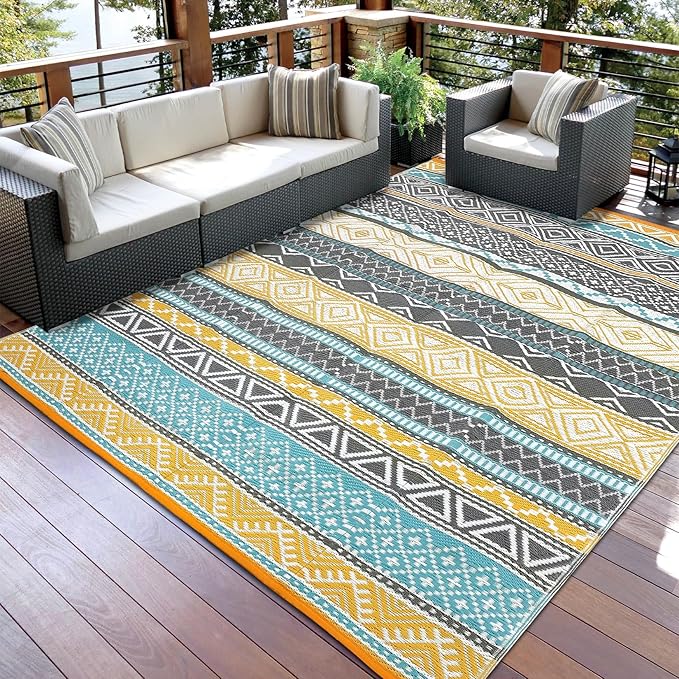 GAOMON Outdoor Plastic Straw Rug, 10'x14' Reversible Sage Green Patio Mat, Flower Modern Design for RV, Backyard, Deck, Camping, Picnic, Teal/Yellow(Bohemia)-HomvellaHome