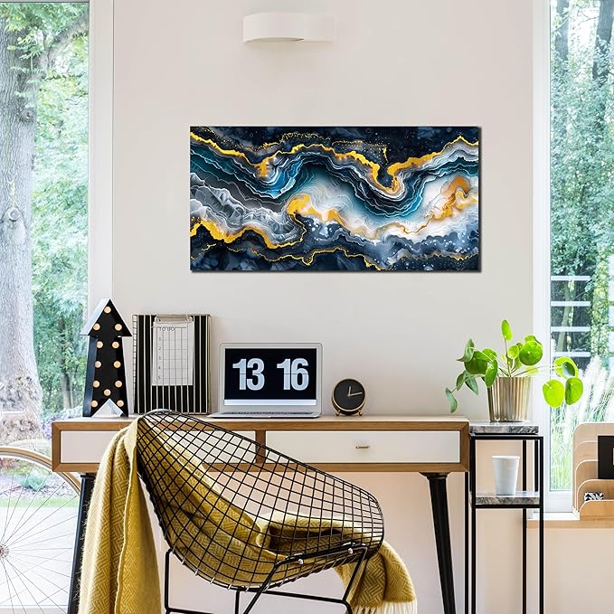 GUGIKA Abstract Wall Art for Living Room, Gold Black and Blue Canvas Wall-Art for Bedroom, Ocean Landscape Print Paintings, Size 40x20 Inches-HomvellaHome