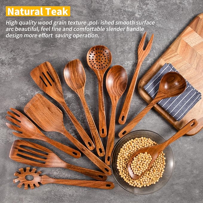 GUDAMAYE 11 PCE Wooden Spoons for Cooking, Wooden Kitchen Utensils Set,Wooden Cooking Utensils,Natural Teak Wooden Spoons For Non-stick Pan-HomvellaHome