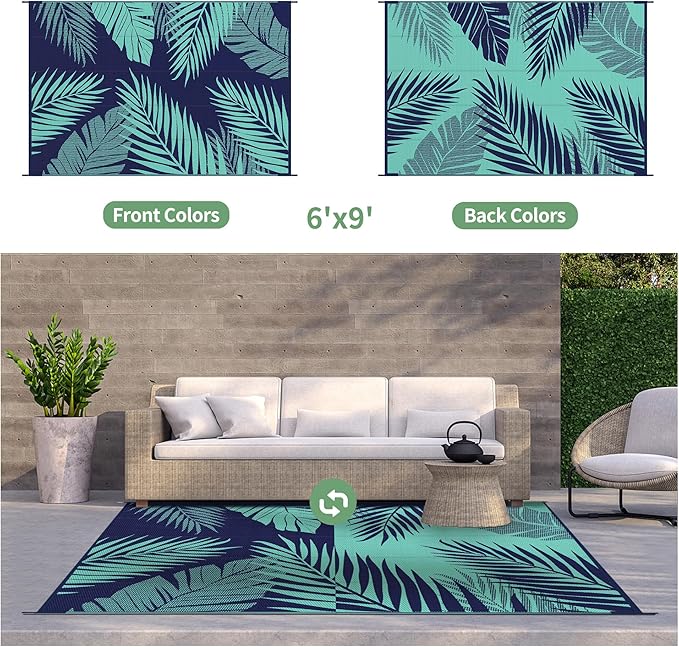 GENIMO Outdoor Rug 6' x 9' Waterproof for Patios Clearance, Reversible Outdoor Plastic Straw Camping Rug Carpet, Large Area Rugs Mats for RV, Camper, Deck, Balcony, Porch, Beach, Navy Blue&Jade Green-HomvellaHome