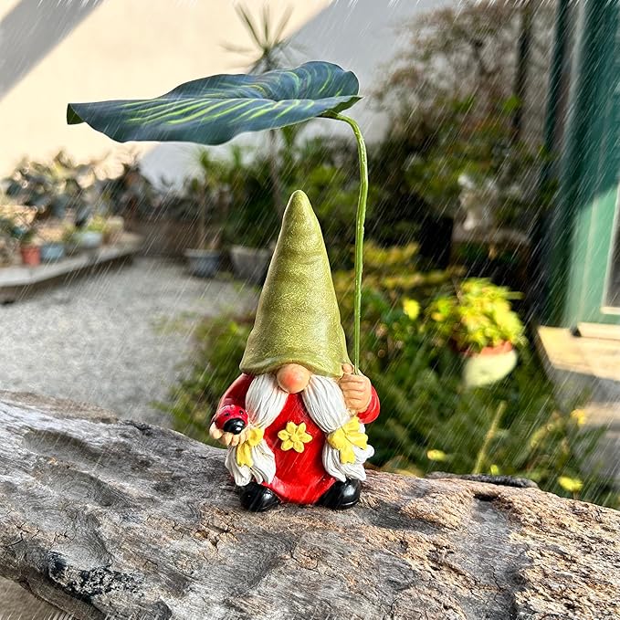 Garden Female Gnome Statue Decoration with Leaf Umbrella, 6.5” Figurine Ornament for Indoor Outdoor Home Patio Yard Lawn, for Gnome Lovers & Garden Enthusiasts，Mom，Women-HomvellaHome