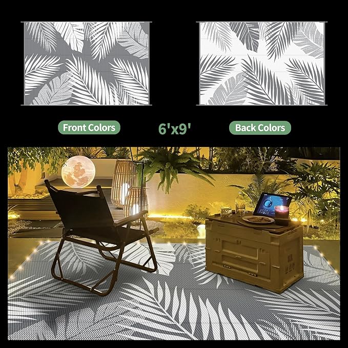 GENIMO Outdoor Rug 6' x 9' Waterproof for Patios Clearance, Reversible Outdoor Plastic Straw Camping Rug Carpet with LED String Light, Area Rugs Mats for RV, Camper, Deck, Balcony, Porch, Grey&White-HomvellaHome