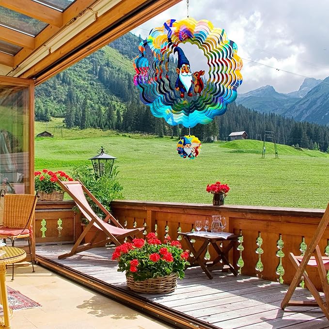 Gnomes Hanging Wind Spinners,12 Inch 3D Garden Spinner Kinetic Art Garden Decorations，Stainless Steel Reflective Wind Spinners for Yard-HomvellaHome