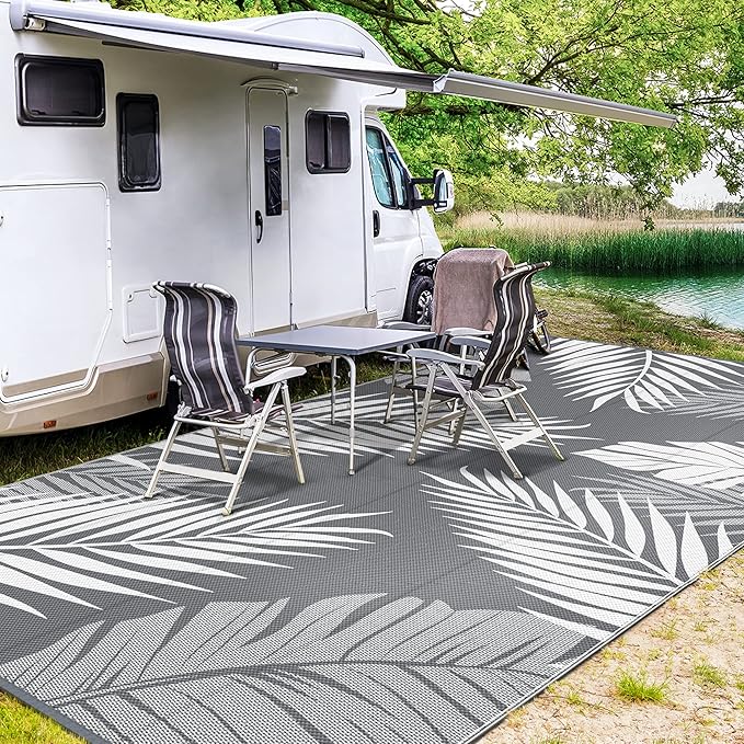 GENIMO Outdoor Rug 9' x 18' Waterproof for Patios Clearance, Reversible, Plastic Straw Camping Rug Carpet, Large Area Rugs Mats for RV, Picnic, Backyard, Deck, Balcony, Porch, Beach, Grey&White-HomvellaHome