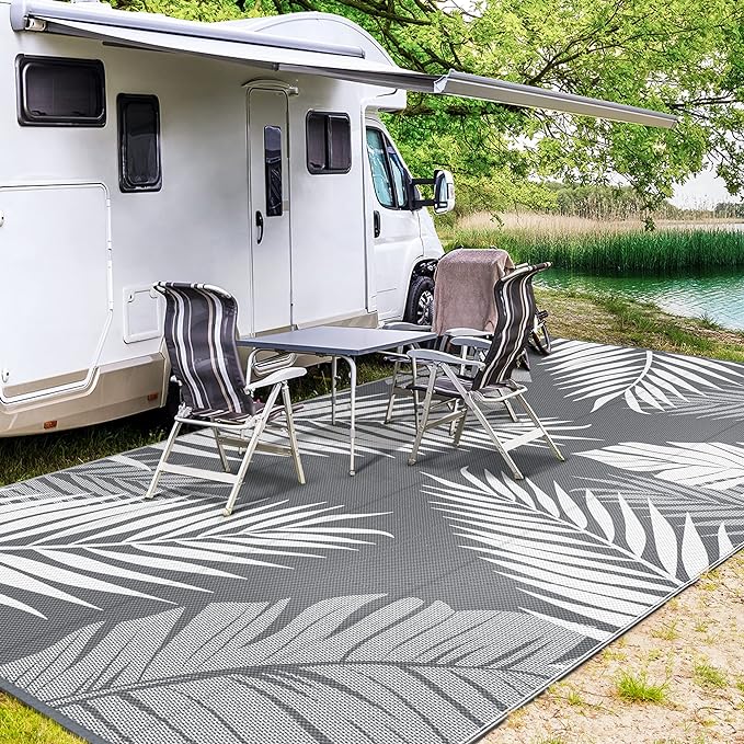 GENIMO Outdoor Rug 10' x 14' Waterproof for Patios Clearance, Reversible Outdoor Plastic Straw Camping Rug Carpet, Large Area Rugs Mats for RV, Camper, Deck, Balcony, Porch, Beach, Picnic, Grey&White-HomvellaHome