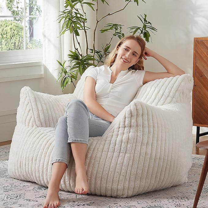 Giant Bean Bag Chairs for Adults with Filling Plush Fluffy Bean Bag Chairs for Teens with Armrests Comfy BeanBag Lazy Couch Sofa Chair for Bedroom Living Room Reading-HomvellaHome