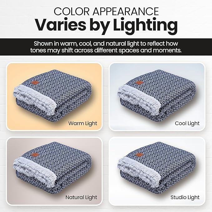 Gold Case Throw Blanket for Bed – 100% Recycled Turkish Cotton Bed Blanket – Decorative Throw Cotton Blankets for Living Room & Bedroom – Retro Navy Blue Woven Queen Blankets – 90x90-HomvellaHome