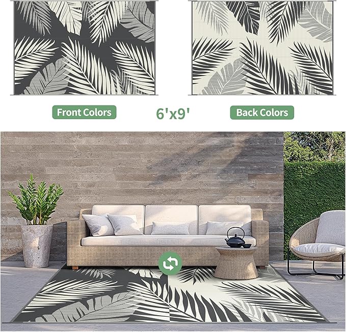 GENIMO Outdoor Rug 6' x 9' Waterproof for Patios Clearance, Reversible Plastic Straw Camping Carpet, Large Area Rugs Mats for RV, Picnic, Backyard, Deck, Balcony, Porch, Beach, Yellow&Grey-HomvellaHome