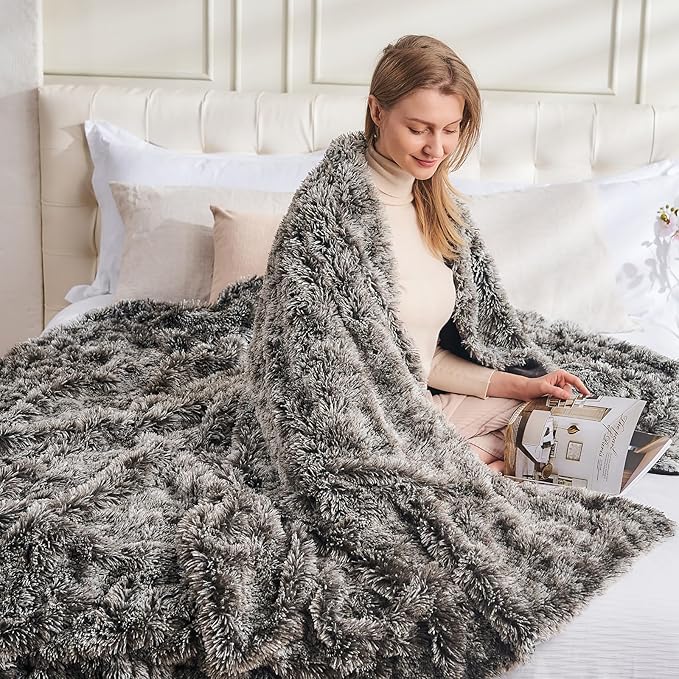 GONAAP Fuzzy Faux Fur Throw Blanket Frosty Black Super Soft Cozy Plush Fuzzy Shaggy Blanket for Couch Sofa Bed (Frosty Black, Throw(50"x60"))-HomvellaHome