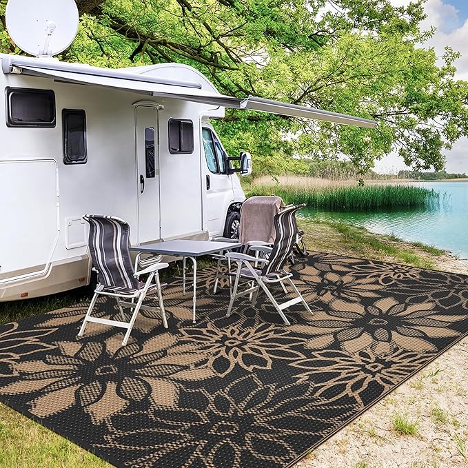 GENIMO Outdoor Rug Waterproof for Patio Decor, 8' x 10' Reversible Plastic Straw Floral Camping Carpet, Large Area Rugs Mats for RV, Camper, Deck, Balcony, Porch, Beach, Picnic, Black & Brown-HomvellaHome