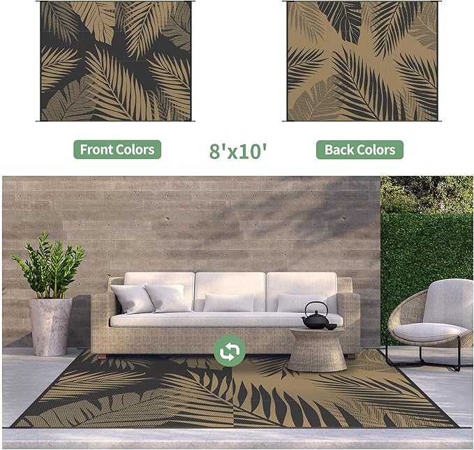 GENIMO Outdoor Rug 8' x 10' Waterproof for Patios Clearance, Reversible Outdoor Plastic Straw Camping Rug Carpet, Large Area Rugs Mats for RV, Camper, Deck, Balcony, Porch, Beach, Picnic, Black&Brown-HomvellaHome