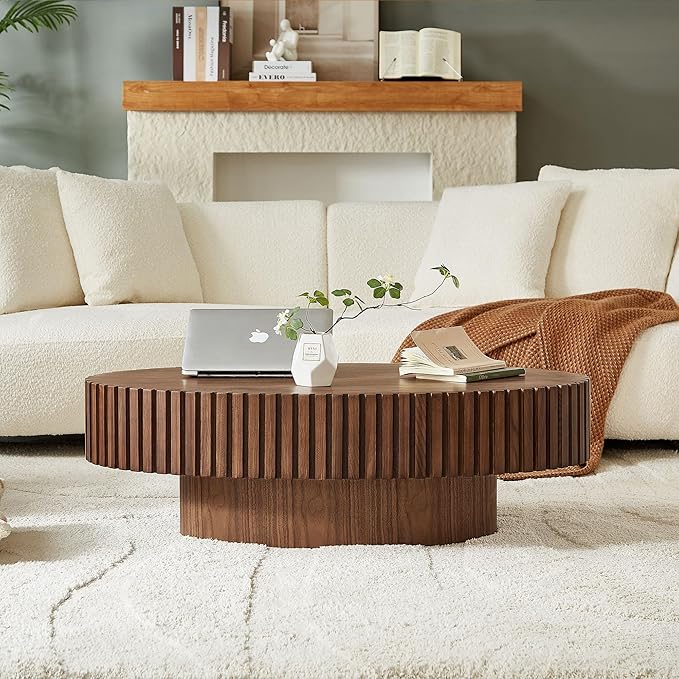 Oval Coffee Table for Living Room, Modern Fluted Coffee Tables with Pedestal Base, Handcrafted Centre Tea Tables Easy Assembly-43.7" Walnut-HomvellaHome
