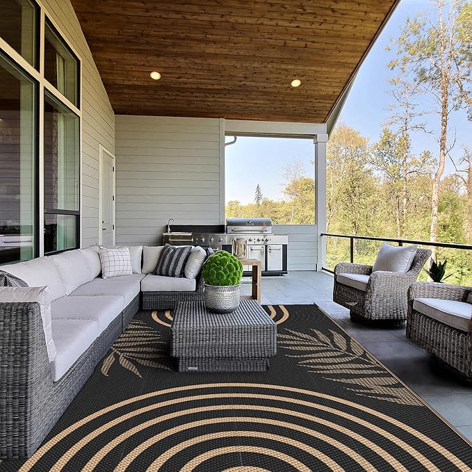 GENIMO Outdoor Rug 5' x 8' Waterproof for Patio Clearance, Reversible Plastic Straw Camping Carpet, Lightweight Rugs Mats for Rv, Backyard, Deck, Porch, Picnic, Balcony, Mix-Black & Brown-HomvellaHome
