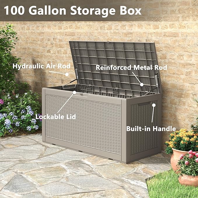 100 Gallon Deck Box Lockable Rattan Outdoor Storage Box waterproof Outdoor Container for Patio Furniture Cushions, Pillow-HomvellaHome