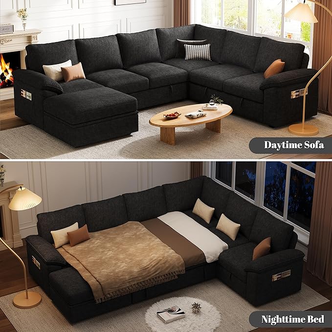 108 Inch Modular Sectional Sofa with Pull Out Bed,U Shaped 7 Seat Sectional Sleeper Sofa with Storage,Sectional Couches for Living Room,Cloud Modular Couch,Removable Sofa Cover,Black-HomvellaHome