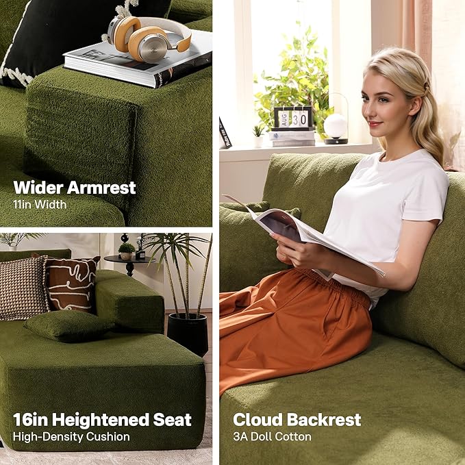 104" Cloud Sectional Couches for Living Room,L Shaped Boneless Couch in A Box,Sleeper Sofa with Comfy Chaise No Assembly Required,Green-HomvellaHome