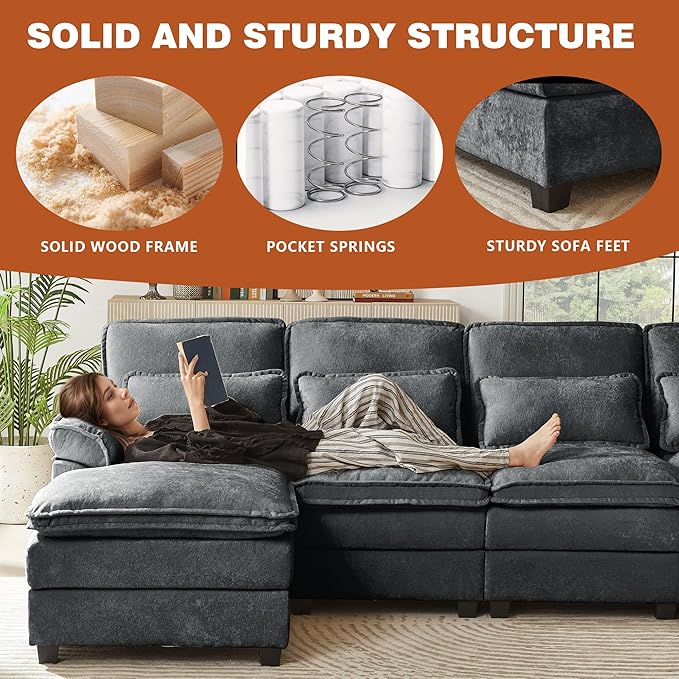 113" Oversized Cloud Couch, U Shape Sectional 4 Seat Sofa with Double Chaises, 2 Layer Cusions, Deep Seat Comfy Sofa, Upholstery Chenille Fabric for Living Room, Dark Grey-HomvellaHome