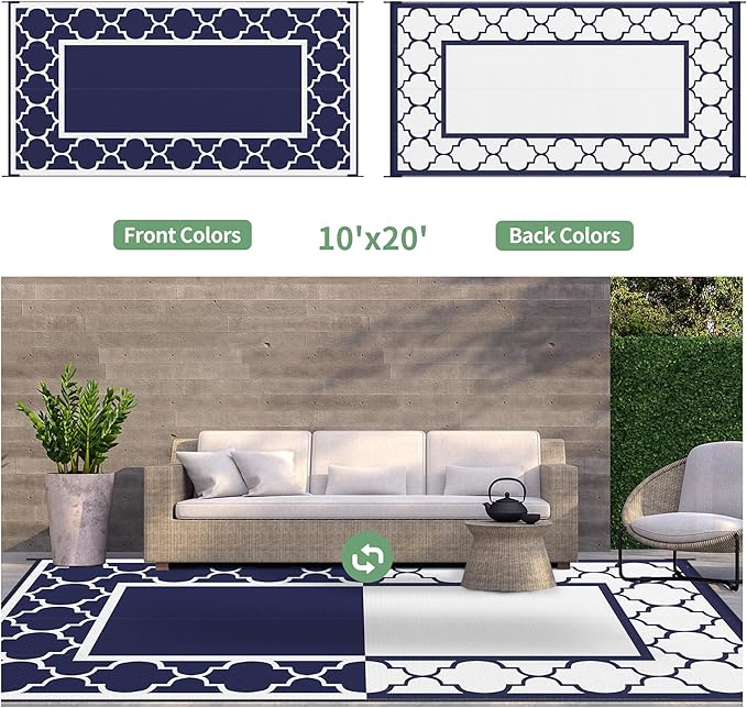 GENIMO 10 ' x 20 ' Outdoor Rug Waterproof for Patio Decor, Foldable Reversible Plastic Straw Area Rugs Mat for Camper, Outside Carpet for Rv, Deck, Porch, Picnic, Beach, Balcony, Blue & White-HomvellaHome