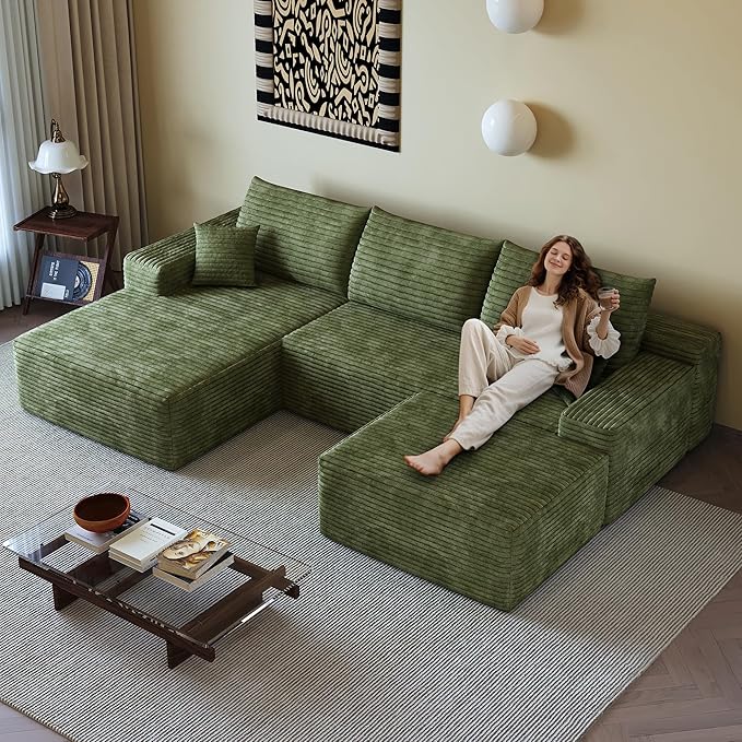 108" Sectional Couches for Living Room Modern Modular Sofa with L-Shape Couchs Upholstered Boneless Couch Deep Seat Sectional Couch with Chaise (Green, Left Facing Chaise+2Seaters+1Ottoman)-HomvellaHome