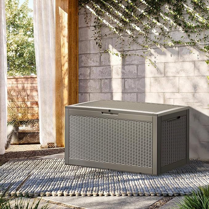 100 Gallon Outdoor Storage Box Waterproof Lockable Resin Deck Box Large, Patio Storage Bin for Pool Accessories Cushion Furniture, Garden Tools, UV-Resistant Outside Delivery Grey-HomvellaHome