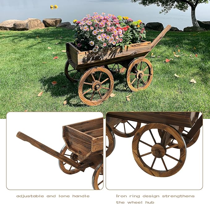Garden Wooden Decor Rustic Flower Pot,Planters Wagon Indoor Outdoor Backyard Balcony Decor,for Outside Garden Decor Wheelbarrow Planter for Patio (Wooden Wagon)-HomvellaHome