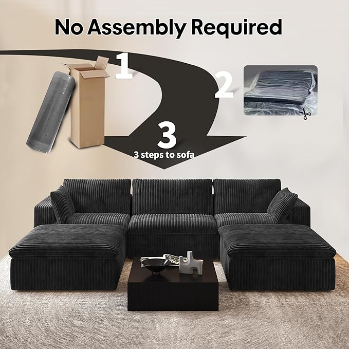 118" U Shaped Modern Sofa Modular Sectional Cloud Couch with 2 Ottoman,Upholstered Couches with Plush Corduroy Fabric for Living Room Furniture,Bedroom and Apartment,No Assembly Required,Black-HomvellaHome