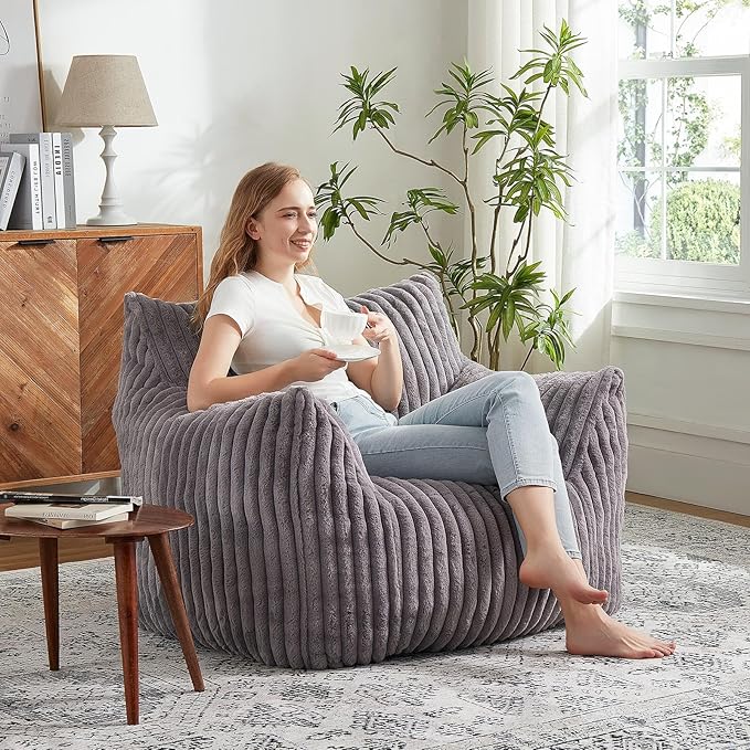 Giant Bean Bag Chairs for Adults with Filling Plush Fluffy Bean Bag Chairs for Teens with Armrests Comfy BeanBag Lazy Couch Sofa Chair for Bedroom Living Room Reading-HomvellaHome