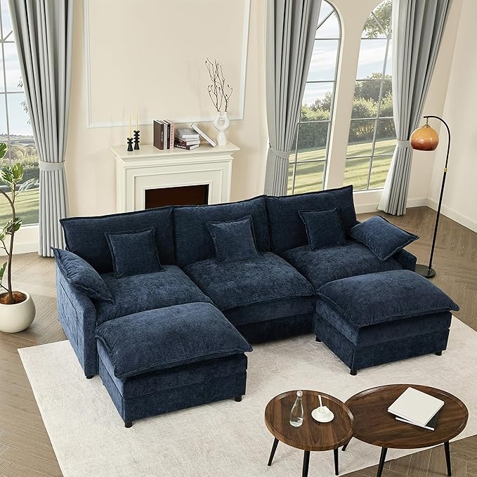 108" U Shaped Couch, Modular Sectional Sofa, 3-Seater Comfy Cloud Couch with Movable Ottoman, Deep Seat Couches for Living Room, Chenille, Navy-HomvellaHome