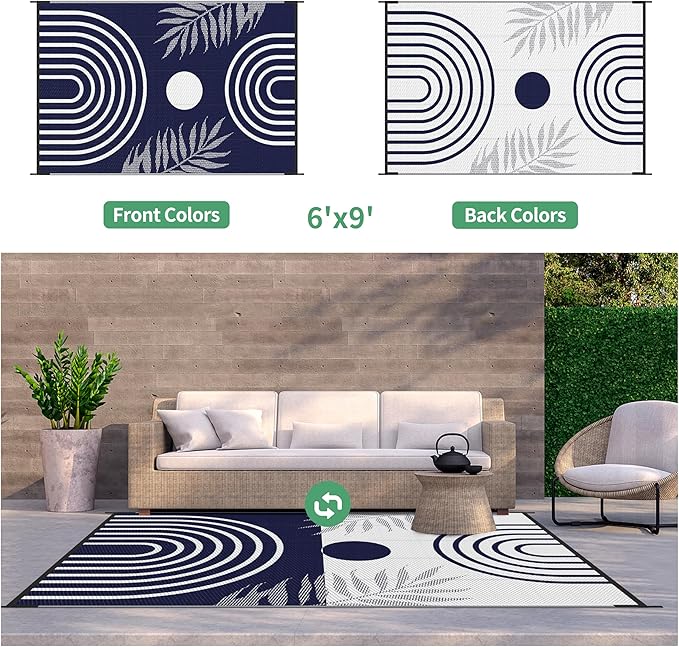 GENIMO Outdoor Rug 6' x 9' Waterproof for Patio Clearance, Reversible Lightweight Plastic Straw Camping Carpet, Large Area Rugs Mats for Rv, Backyard, Deck, Porch, Picnic, Balcony, Mix-Blue & White-HomvellaHome